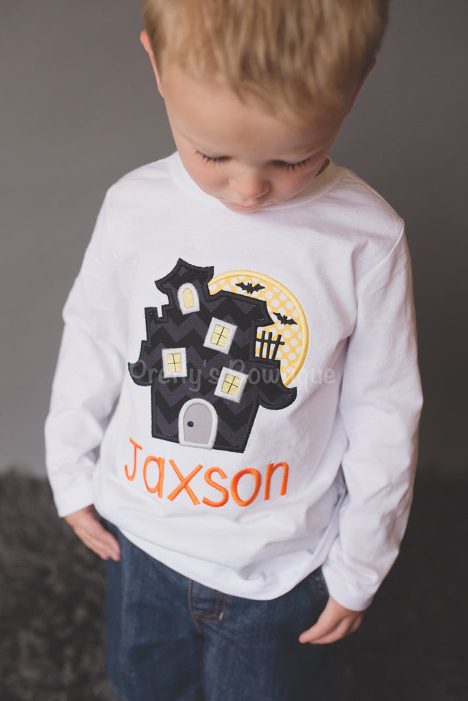 Boys Halloween shirt or bodysuit - haunted house with moon and bats- boys shirt or bodysuit personalized - Pretty's Bowtique