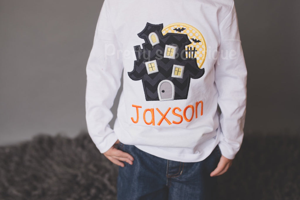 Boys Halloween shirt or bodysuit - haunted house with moon and bats- boys shirt or bodysuit personalized - Pretty's Bowtique