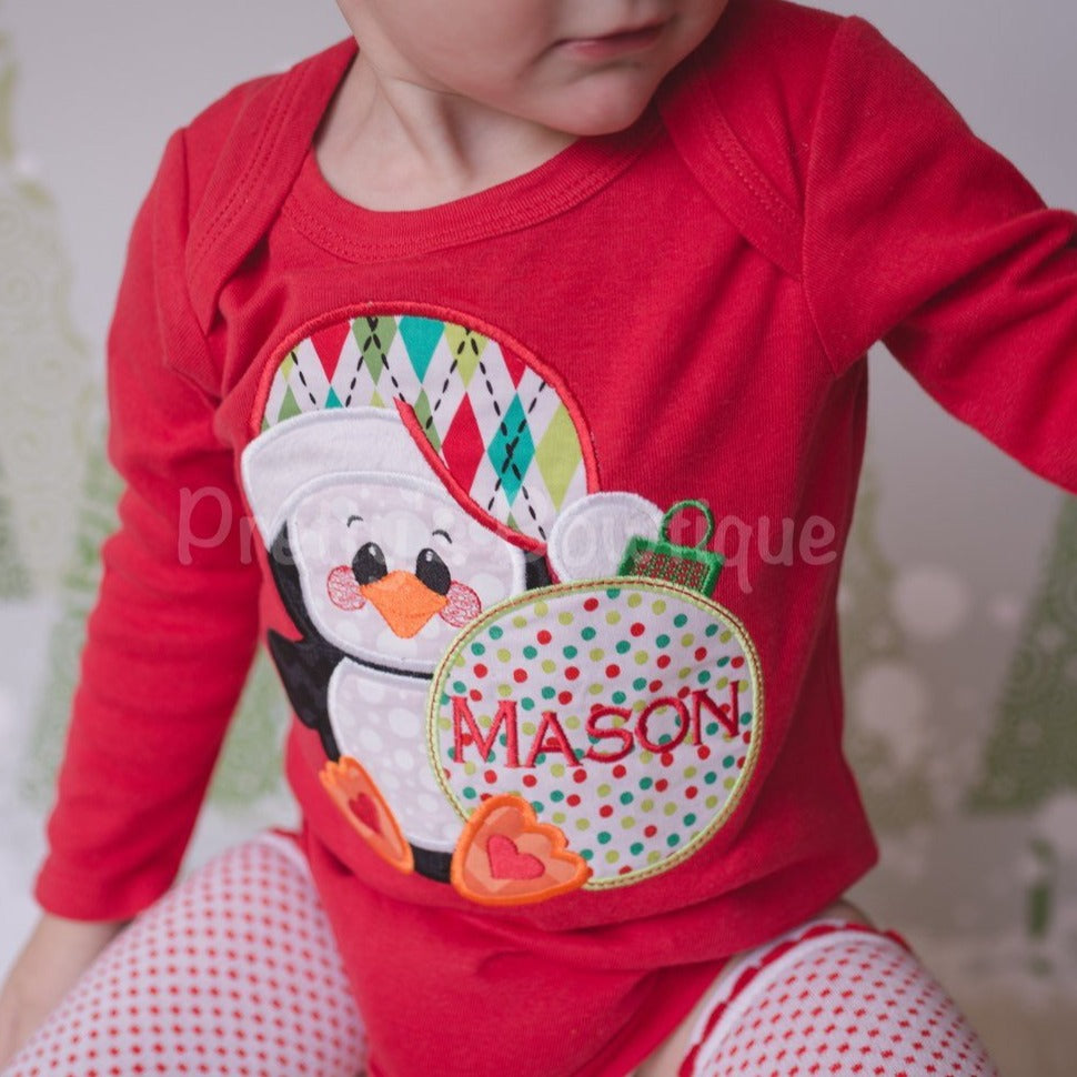 Santa Penguin Shirt Monogrammed with Name – Bodysuit or Shirt Sizes 3 Months to 14 Years - Pretty's Bowtique