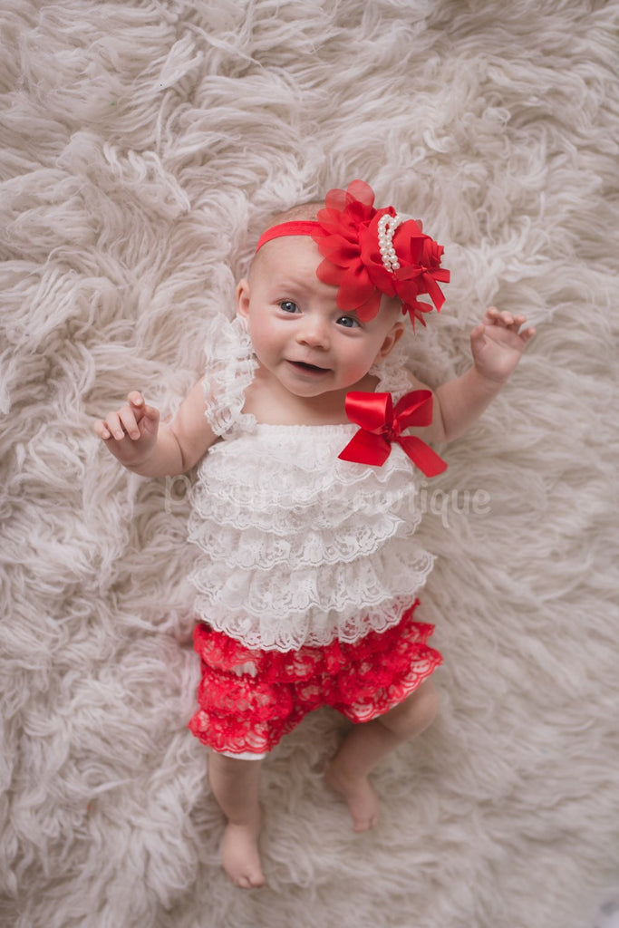 Lace Petti Romper in Red and White in Baby, Toddler, & Girls Sizes - Pretty's Bowtique