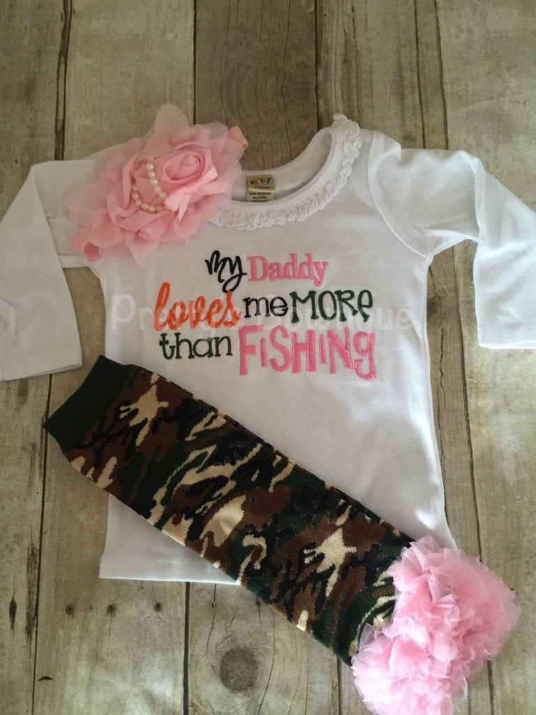Girls My Daddy loves me more than Fishing bodysuit or t shirt, leg warmers and headband.  Can customize colors - Pretty's Bowtique