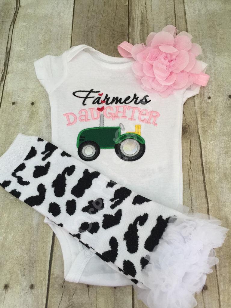 Baby Girl Outift -- Farmer's Daughter bodysuit or t shirt, headband, and legwarmers.  Can customize wording and colors - Pretty's Bowtique