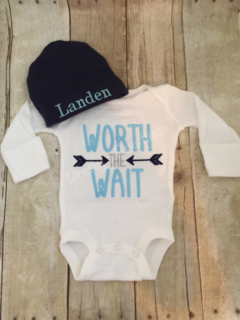 Baby boy Worth the Wait Bodysuit or shirt and personalized beanie - Hospital or Coming home outfit baby boy - Pretty's Bowtique