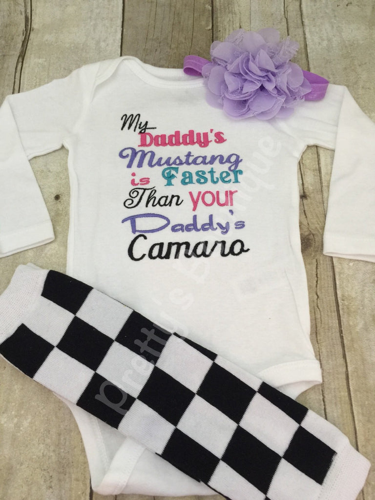 My daddy's mustang is faster than your daddy's Camaro shirt -- Girls outfit shirt or bodysuit, legwarmers and headband - Pretty's Bowtique