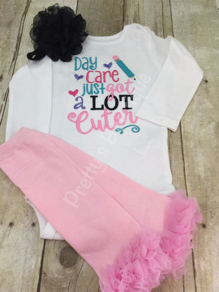 Day Care just got a lot cuter Baby Girl Embroidered Bodysuit, Headband & Legwarmers Set - Pretty's Bowtique