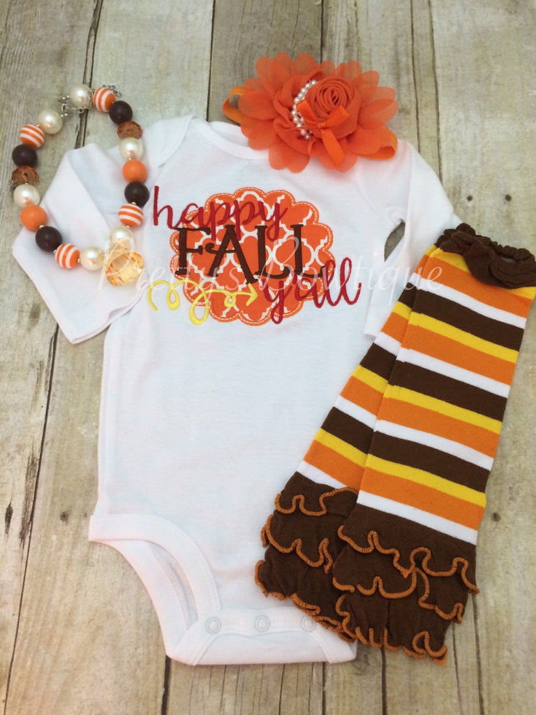 Girls Happy Fall Y'All Shirt or bodysuit - Fall Shirt, headband, necklace and legwarmers - Pretty's Bowtique