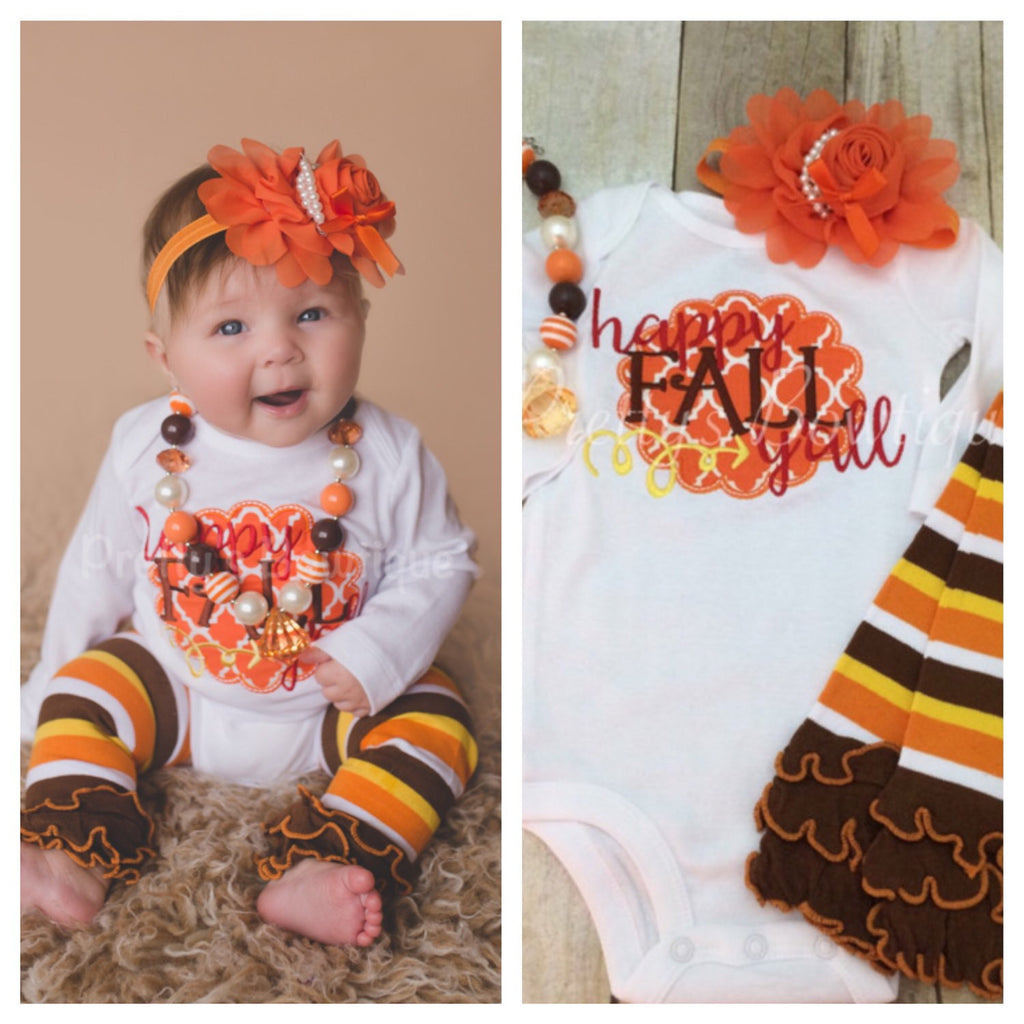 Girls Happy Fall Y'All Shirt or bodysuit - Fall Shirt, headband, necklace and legwarmers - Pretty's Bowtique
