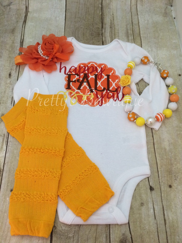 Girls Happy Fall Y'All Shirt or bodysuit - Fall Shirt, headband, necklace and legwarmers - Pretty's Bowtique