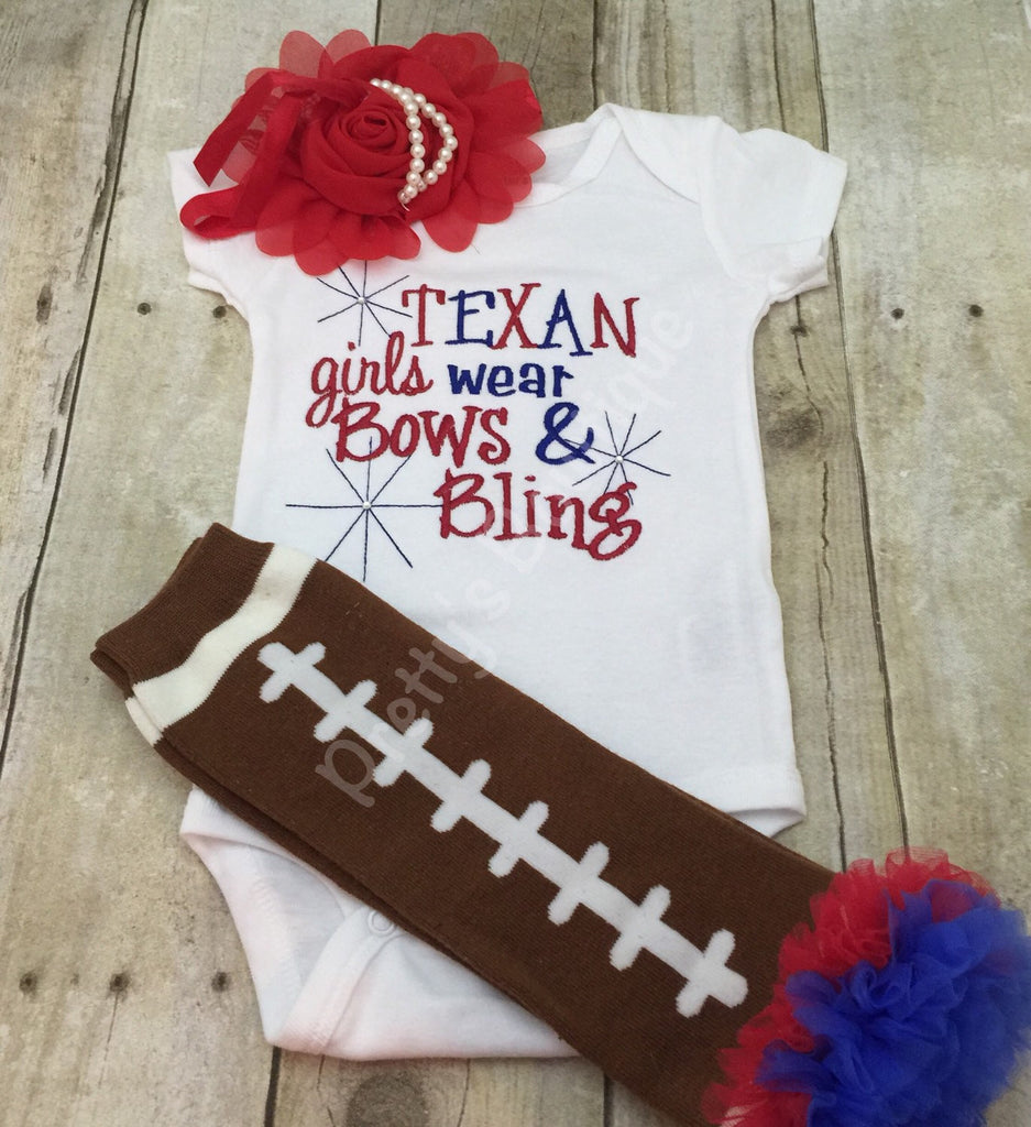 Girls Football outfit -- Texans inspired girls like bling bodysuit set with ruffled football leg warmers and headband - Pretty's Bowtique