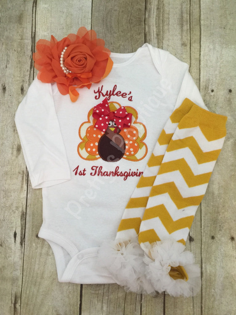 Thanksgiving Outfit Baby Girl – Turkey Embroidered Bodysuit, Headband & Legwarmers Set Personalized with Name - Pretty's Bowtique
