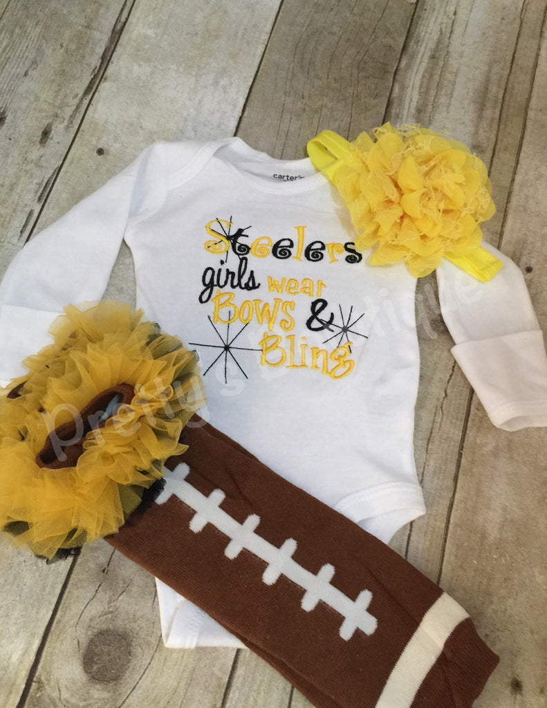 Pittsburgh football outfit girls like bling bodysuit set with ruffled football leg warmers and headband - Pretty's Bowtique