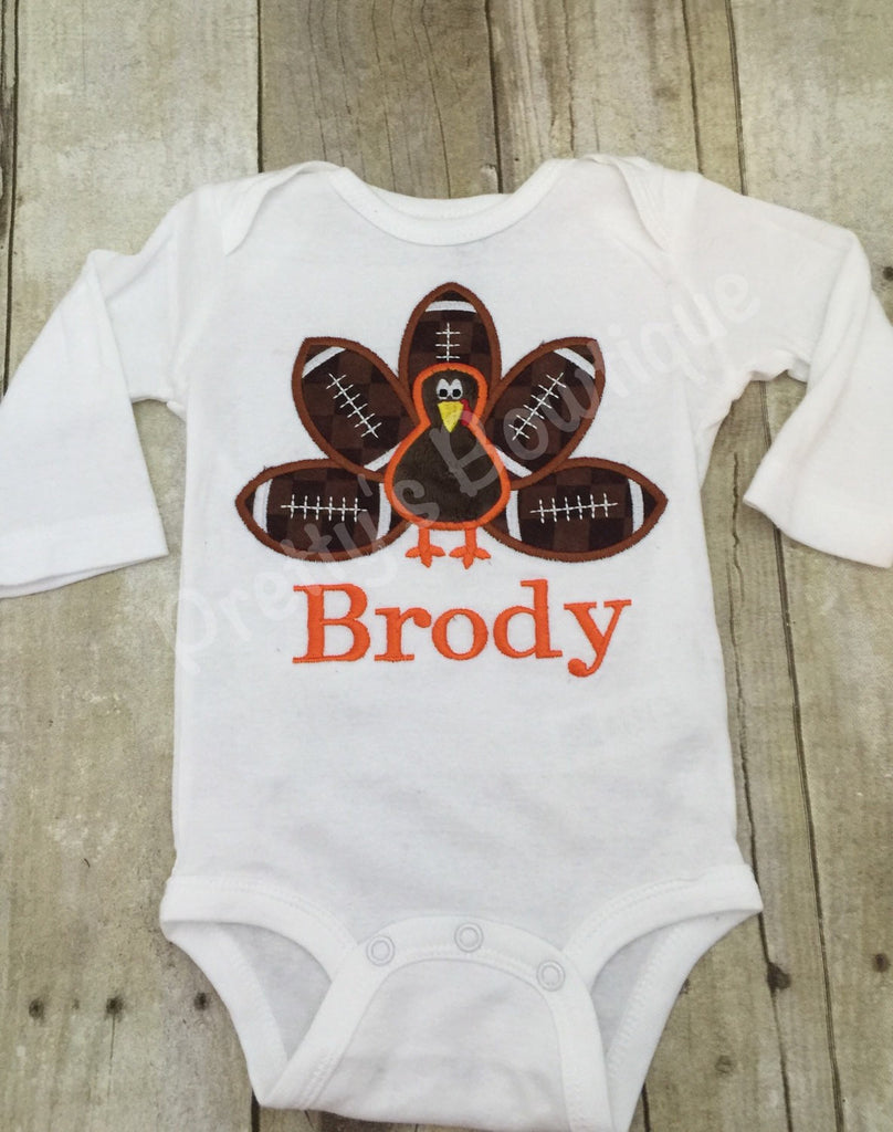 Boy Thanksgiving Outfit -- T Shirt or Bodysuit Personalized with Name, Footballs and Turkey - Sizes Newborn to Youth XL - Pretty's Bowtique