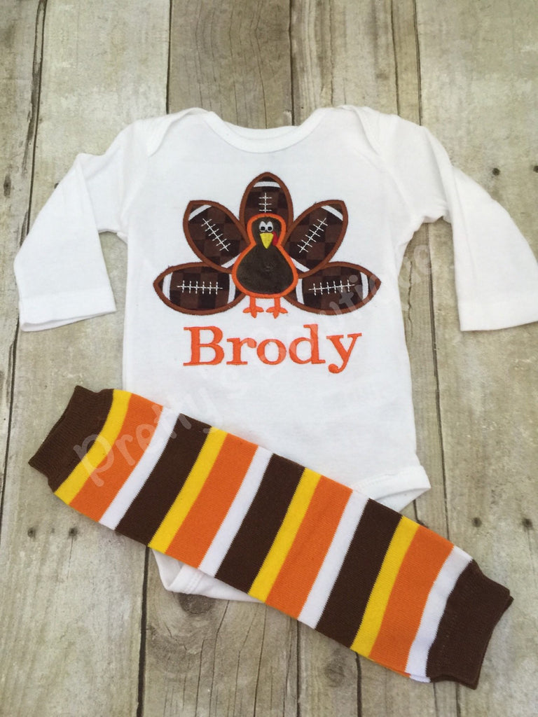 Boys Thanksgiving bodysuit or Shirt for babies, toddler, and children.  Football Turkey Shirt and legwarmers - Pretty's Bowtique