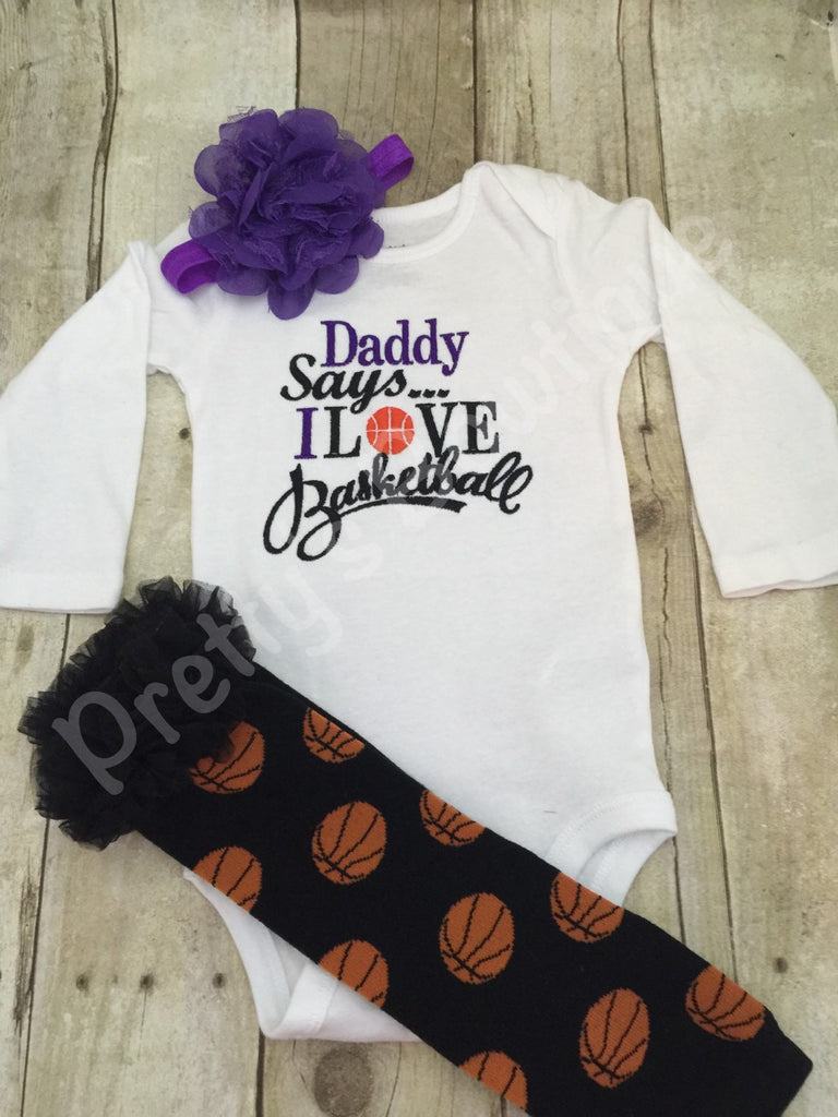 Girls Basketball outfit -- Daddy says i love basketball bodysuit, leg warmers and headband.   Can customize colors - Pretty's Bowtique