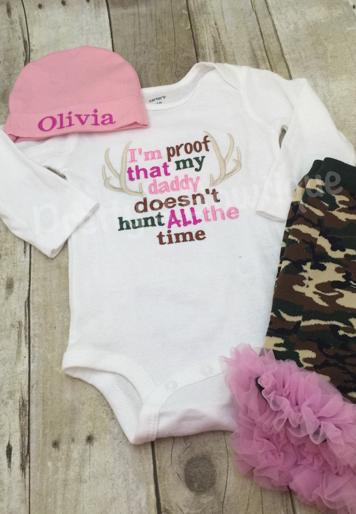 I'm proof that my DADDY doesn't hunt all the time bodysuit, leg warmers and personalized cap.  Pink Camo Can customize colors - Pretty's Bowtique