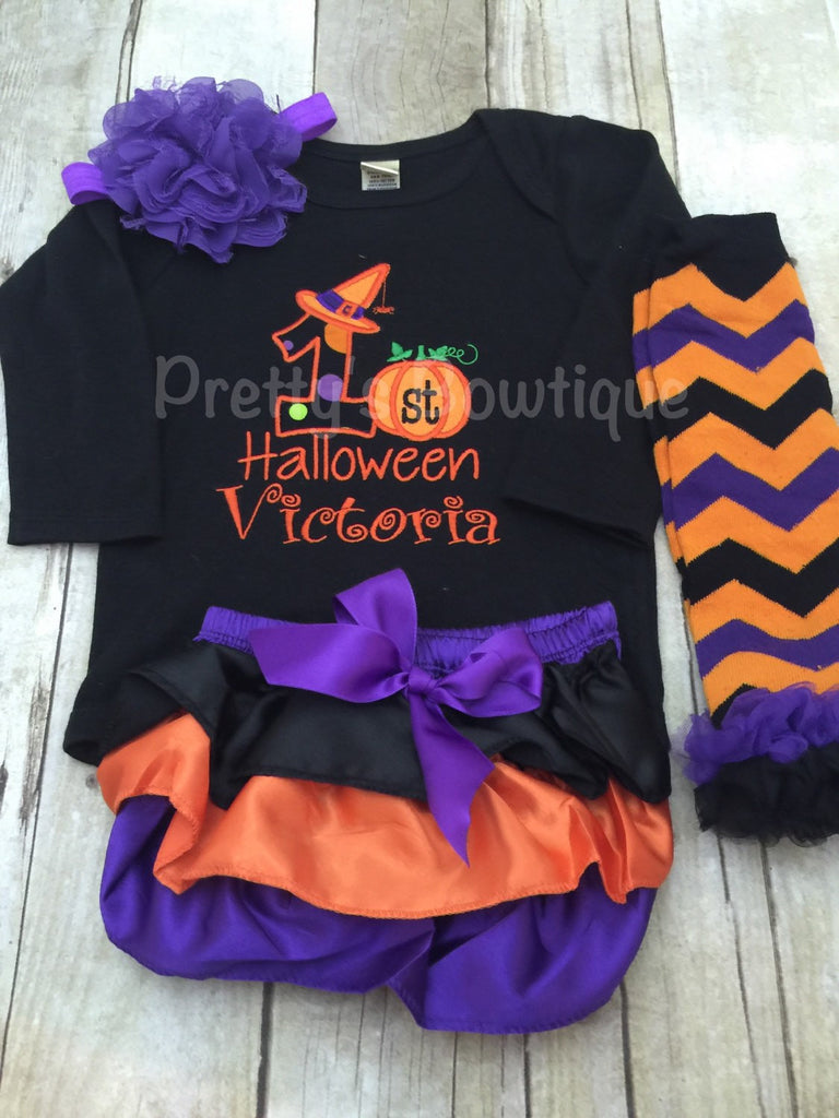 Baby girls My 1st Halloween shirt or bodysuit witch hat Black shirt with headband, diaper cover and legwarmers - Pretty's Bowtique