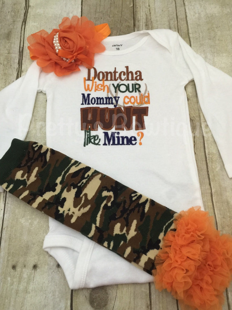 Dontcha wish your daddy could hunt like mine? bodysuit, leg warmers and headband.  Can customize colors - Pretty's Bowtique