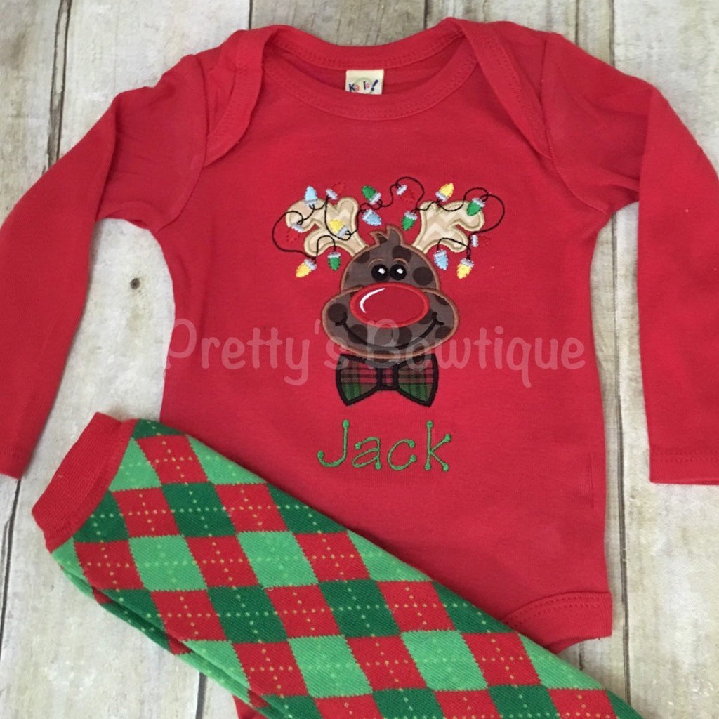 Boys Christmas reindeer shirt or bodysuit adm legwarmers  - Reindeer BOY shirt babies, toddler, and children. - Pretty's Bowtique