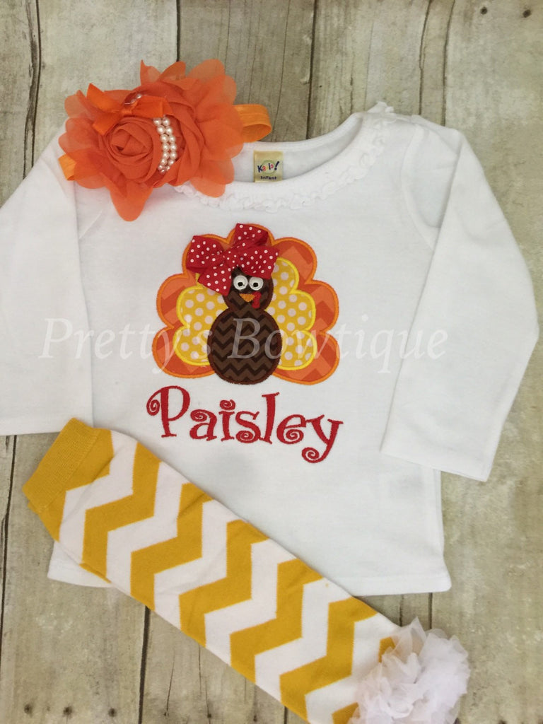 Thanksgiving Outfit Baby Girl - Turkey Embroidered Bodysuit, Headband & Legwarmers Set Personalized with Name - Pretty's Bowtique