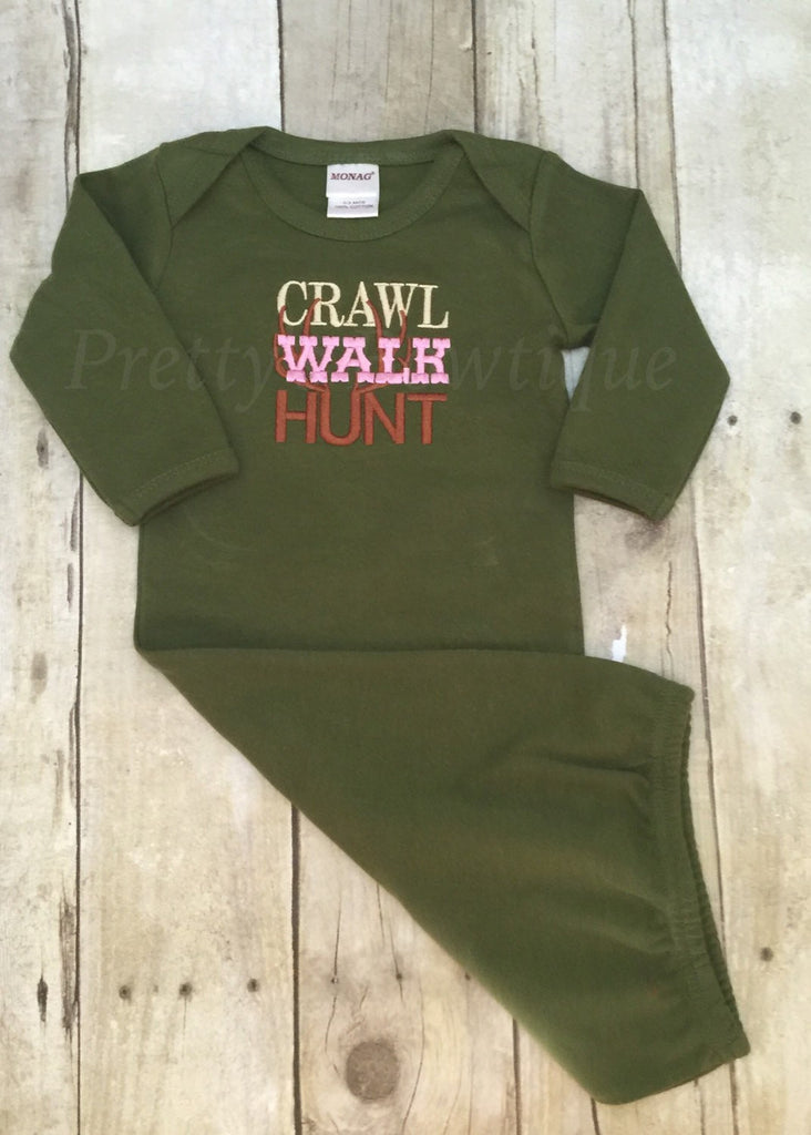 Baby girl Crawl walk hunt newborn baby gown. Coming home outfit ~baby shower gift can customize - Pretty's Bowtique