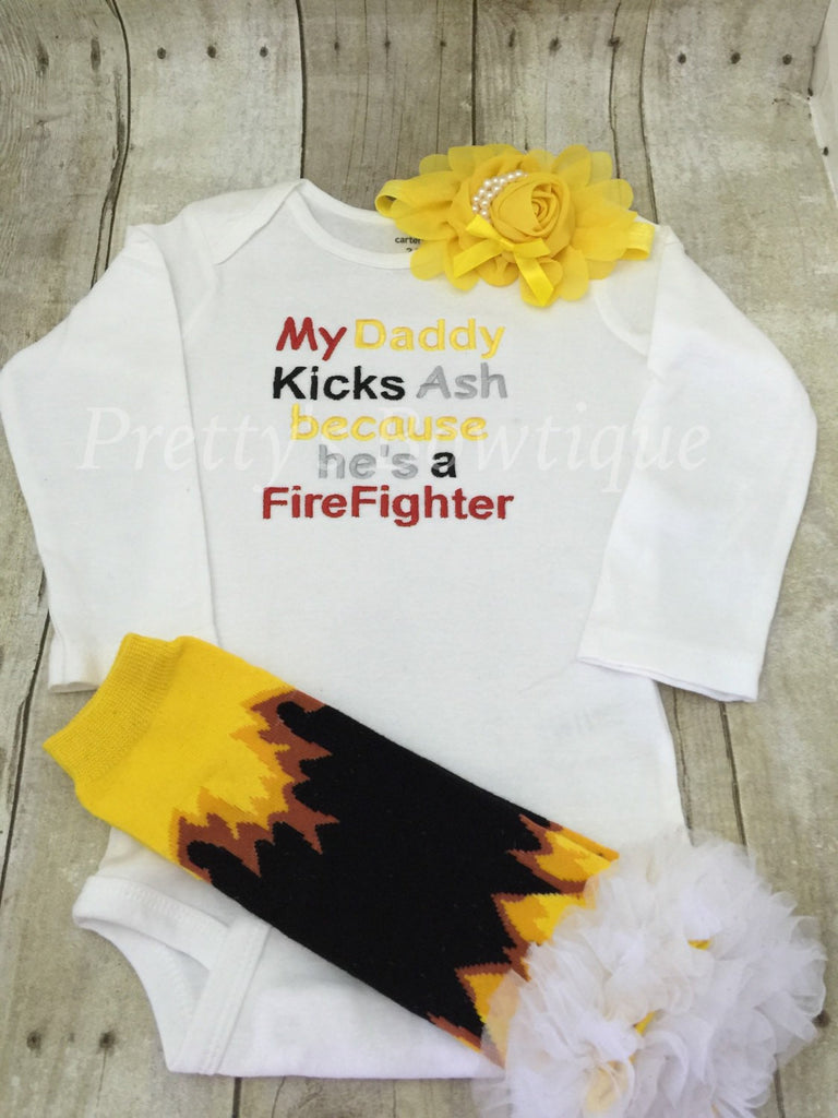 My daddy kicks ash he's a firefighter- 3pc outfit - Can customized for grandpa•mom•uncle•etc - Pretty's Bowtique
