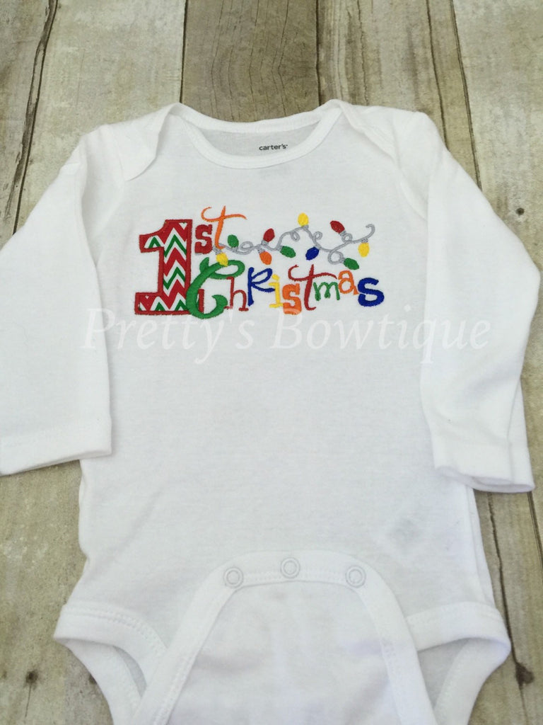 Baby  My 1st Christmas - First Christmas bodysuit or shirt christmas lights, chevron legwarmers and headband - Pretty's Bowtique