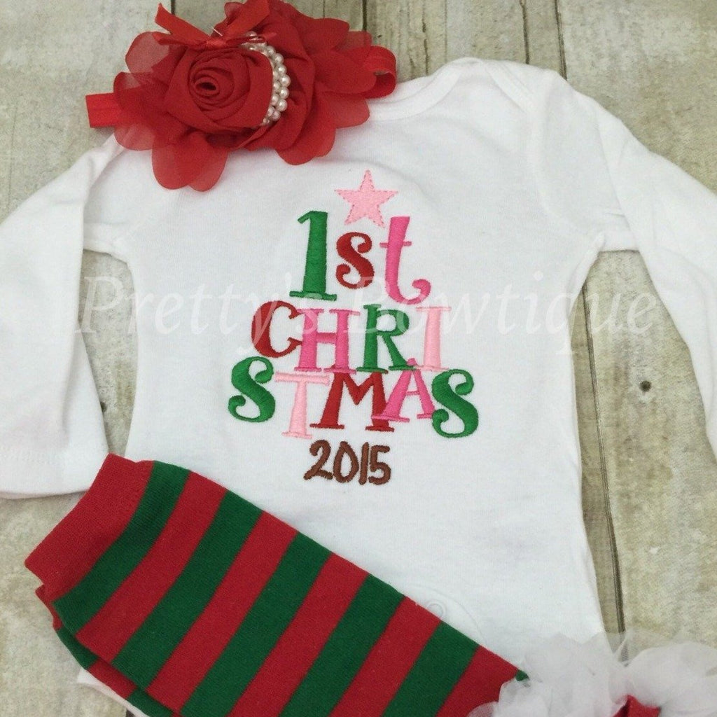 Baby girl My 1st Christmas 2016-- First Christmas bodysuit or shirt, legwarmers and headband - Pretty's Bowtique