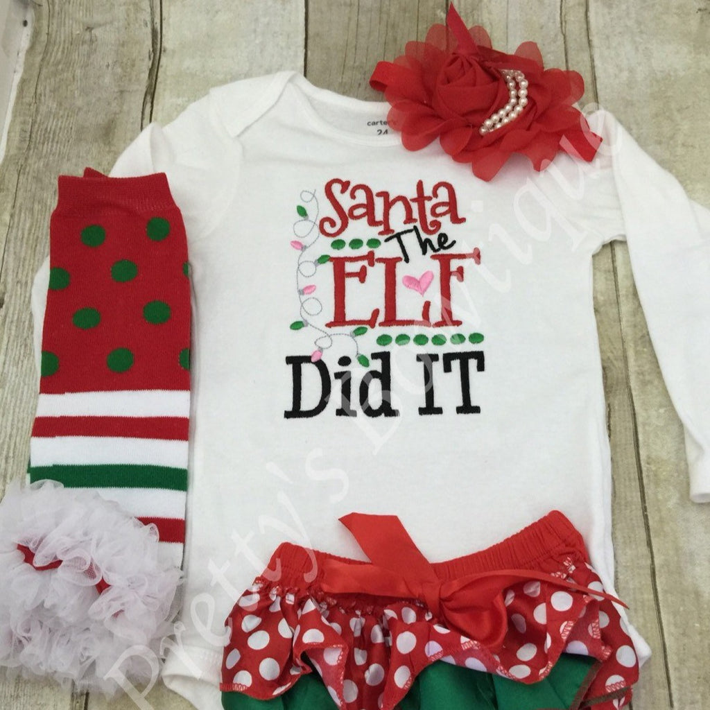 Santa the elf did it  bodysuit or shirt Christmas Shirt, bloomer, headband, and legwarmers - Santa the elf did it - Pretty's Bowtique