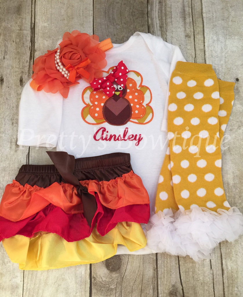 Thanksgiving Outfit Baby Girl – Turkey Embroidered Bodysuit, Bloomer, Headband & Polka Dot Legwarmers Set Personalized with Name - Pretty's Bowtique