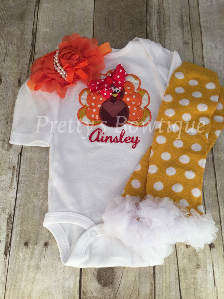 Thanksgiving Outfit Baby Girl - Turkey Embroidered Bodysuit, Headband & Pilka Dot Legwarmers Set Personalized with Name - Pretty's Bowtique
