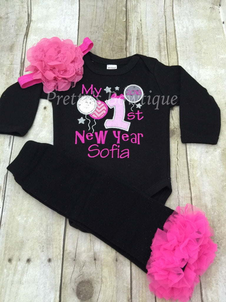 Girls My 1st New Year's Outfit 2017 bodysuit or shirt headband and legwamers. - Pretty's Bowtique