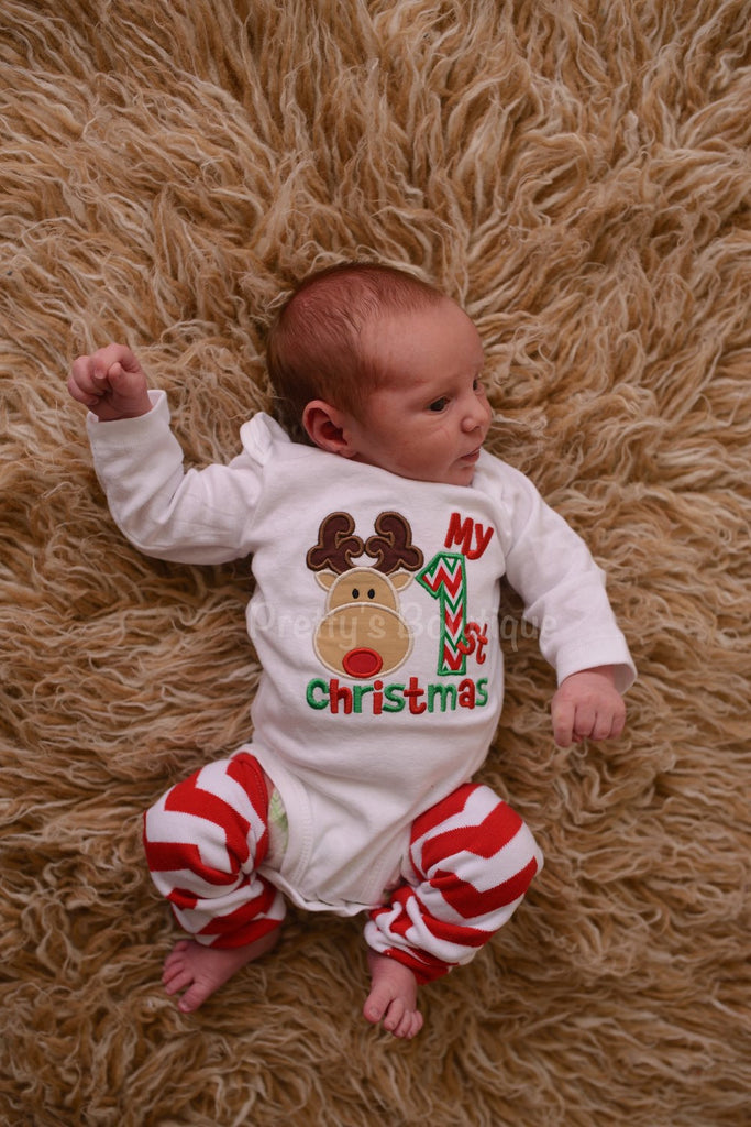 Babies 1st Christmas bosysuit or shirt -- My 1st Christmas Baby bodysuit or shirt Babies 1st Christmas Shirt Reindeer - Pretty's Bowtique
