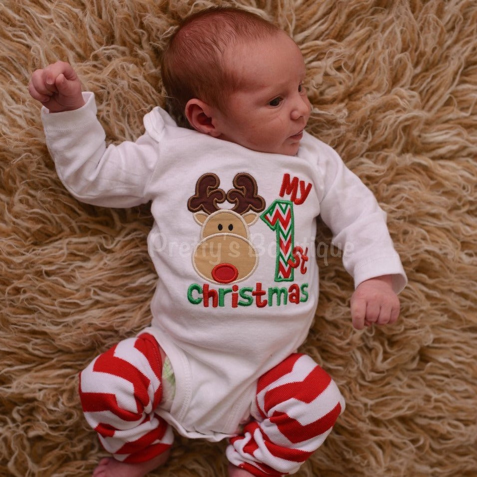 Babies 1st Christmas bosysuit or shirt and legwarmers -- My 1st Christmas Baby bodysuit or shirt Babies 1st Christmas Shirt Reindeer - Pretty's Bowtique
