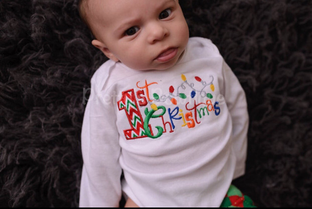 Baby girl or boy My 1st Christmas - First Christmas bodysuit or shirt christmas lights - Pretty's Bowtique