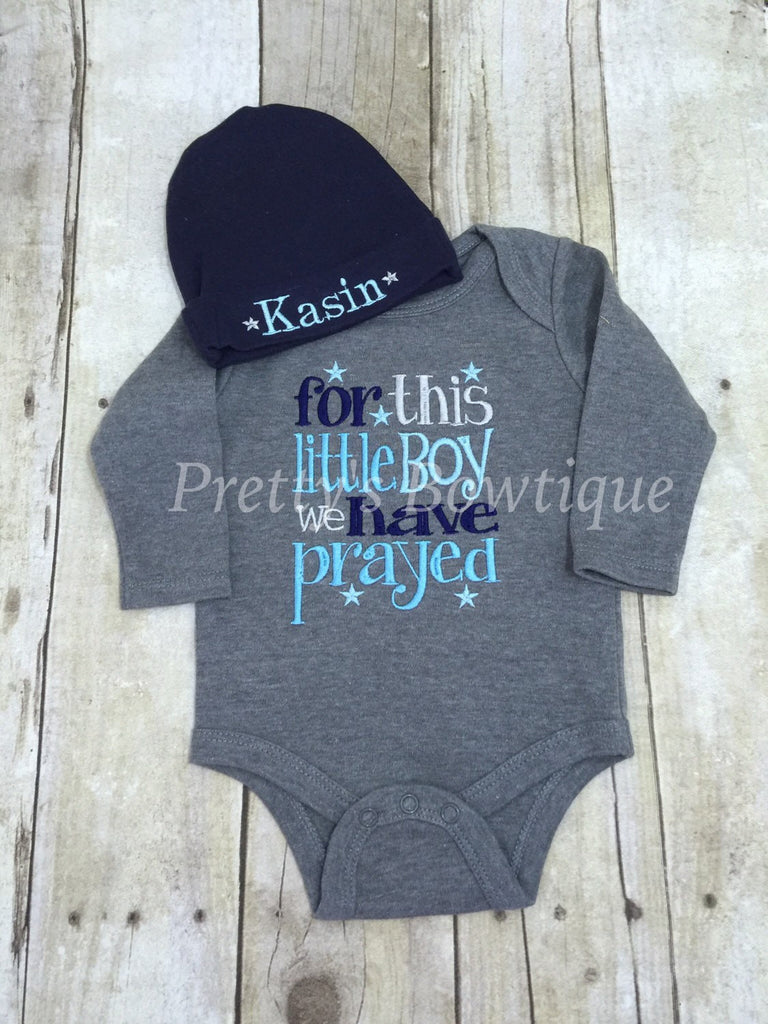 Baby boy coming home outfit-- For this little Boy I or WE have Prayed and Beanie -- Personalized newborn beanie - Pretty's Bowtique