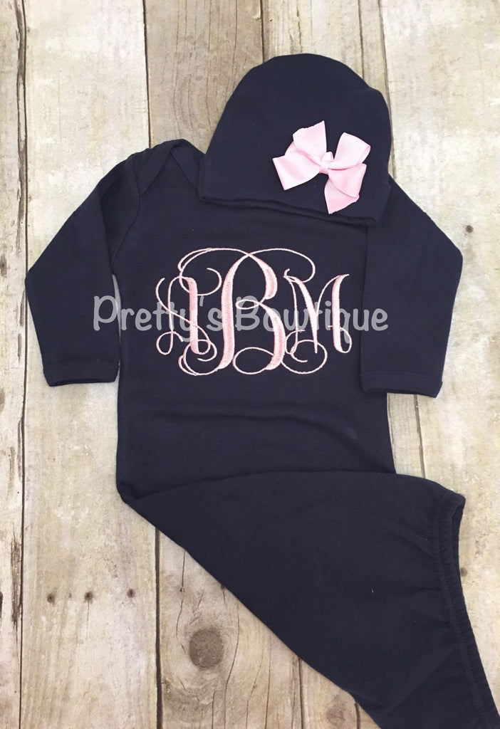 Newborn baby girl coming home outfit monogram gown  -- Monogramed newborn gown and hat - Pretty's Bowtique