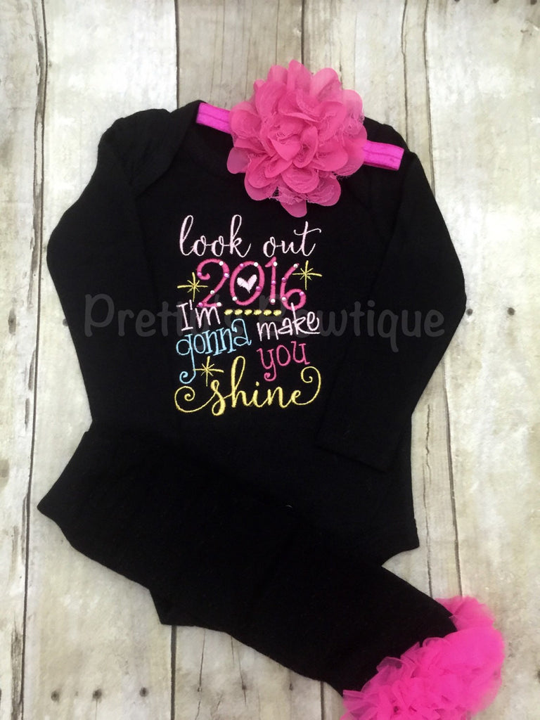 Girls New Year's Outfit 2017 bodysuit or shirt headband and legwamers.  Look out 2017 I'm going to make you shine - Pretty's Bowtique