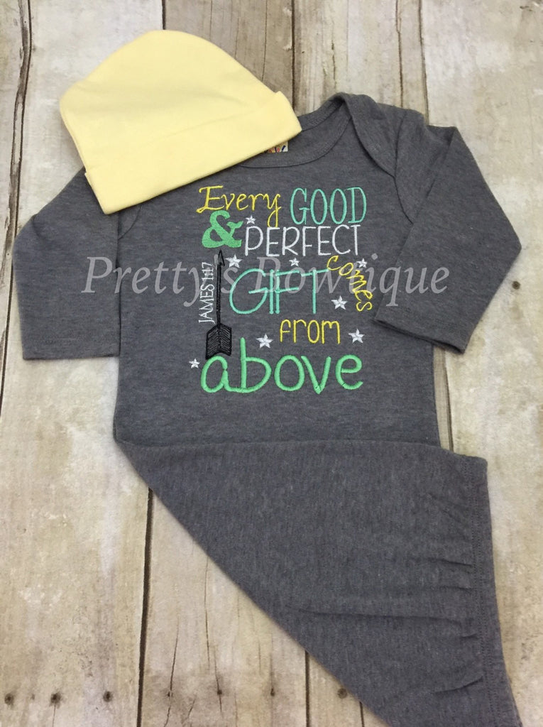 Newborn coming home outfit Every good and perfect gift comes from above James 1:27 gown and hat -- gender neutral - Pretty's Bowtique