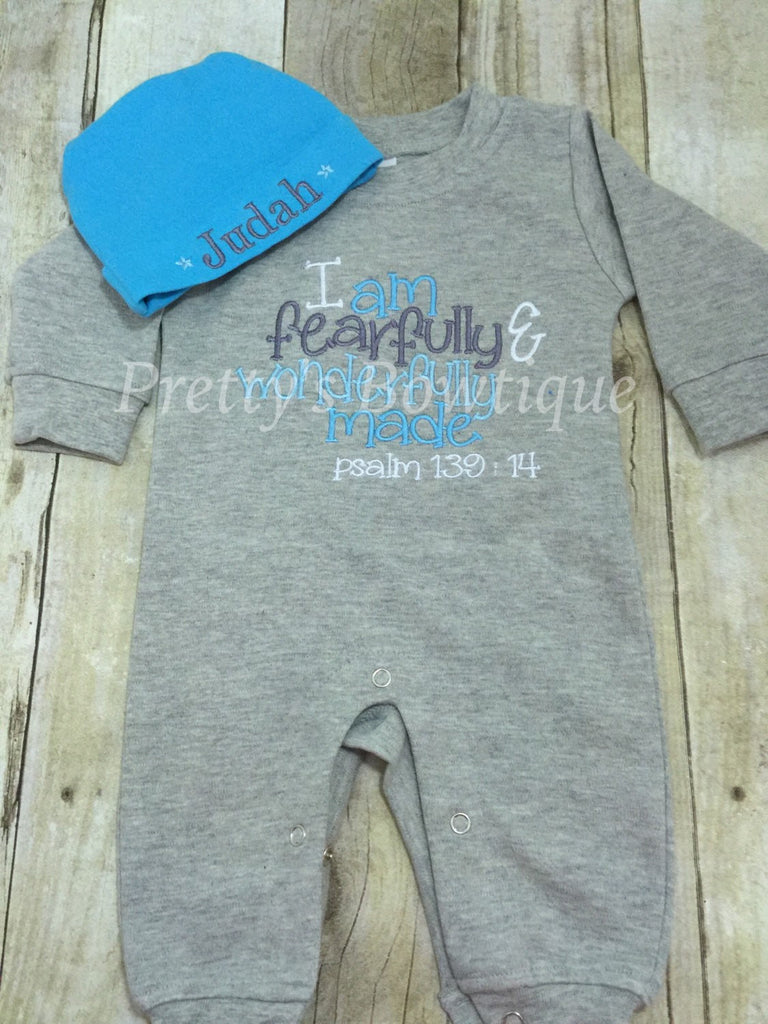 Baby Boy Coming Home Outfit -- I am fearfully &  wonderfully made  Romper with Hat with Embroidered Name - Pretty's Bowtique