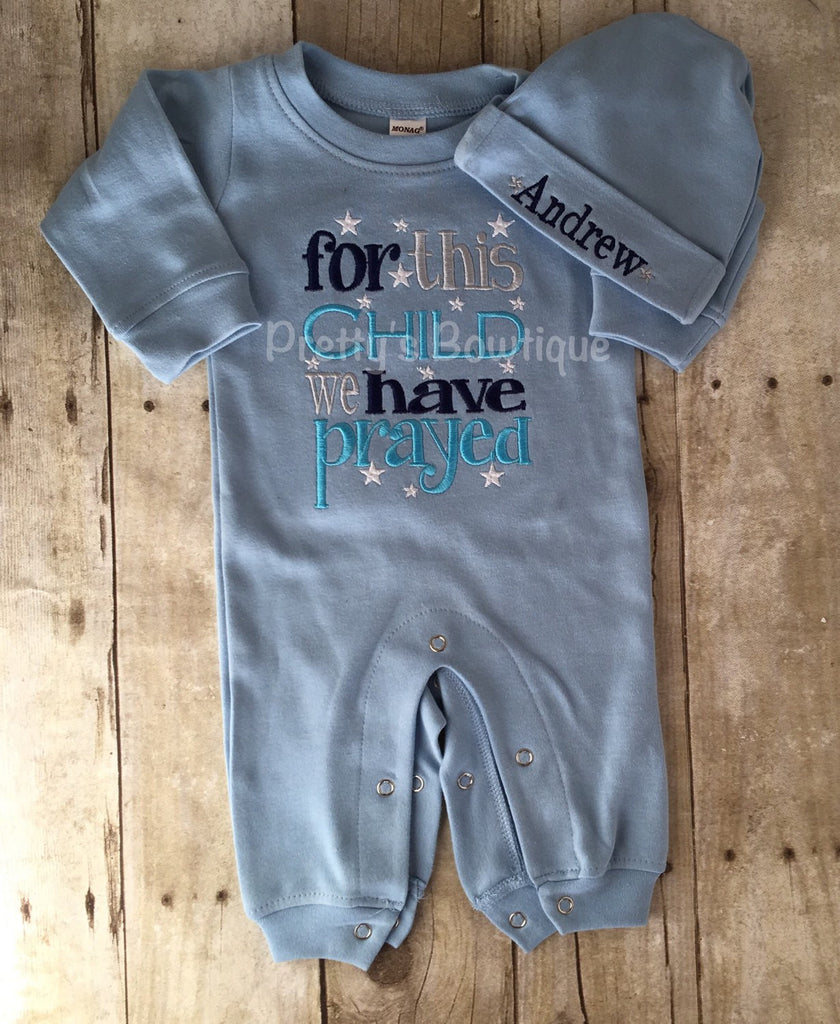 Baby Boy Outfit -- For This Child We Have Prayed Romper & Hat with Embroidered Name - Pretty's Bowtique