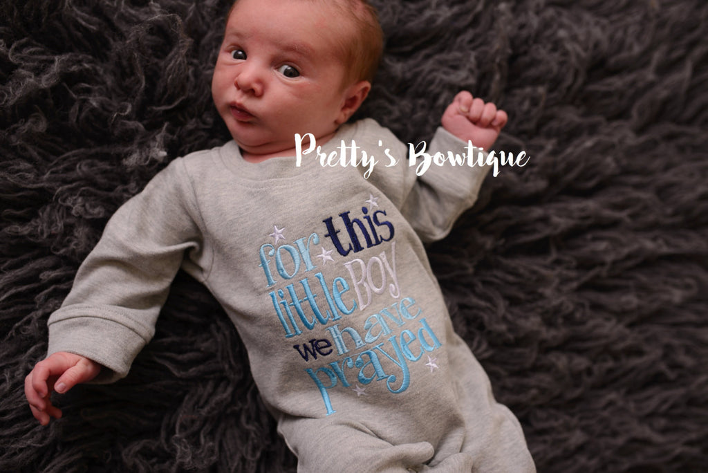 Newborn Baby Romper Outfit -- Grey Infant Boy Romper -- For This Little Boy I or We Have Prayed - Baby Shower Gift -Personalized Hat - Pretty's Bowtique