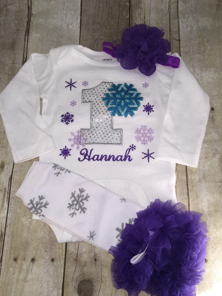 Girls Frozen Winter Birthday Outfit shirt or bodysuit, legwarmers and headband  -- Frozen Winter Wonderland birthday shirt custom Onerland - Pretty's Bowtique