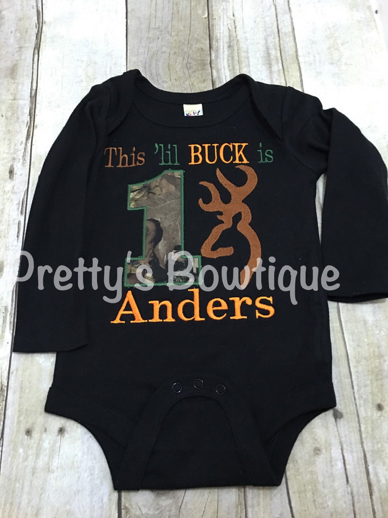 1st Birthday Camo Boy Bodysuit / T Shirt Customizable for Any Age, Personalized with Name -- This lil Buck is one - Pretty's Bowtique