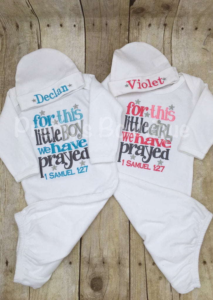 Newborn twins coming home outfit For this Little Boy or Girl I or WE have Prayed gown and hat - Pretty's Bowtique