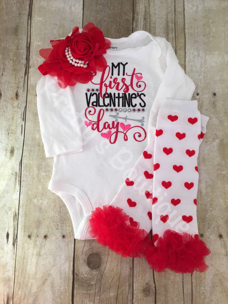 Baby Girls My 1st Valentines Day Shirt Legwarmers and headband -- Valentine's Shirt, headband, and legwarmers outfit - Pretty's Bowtique