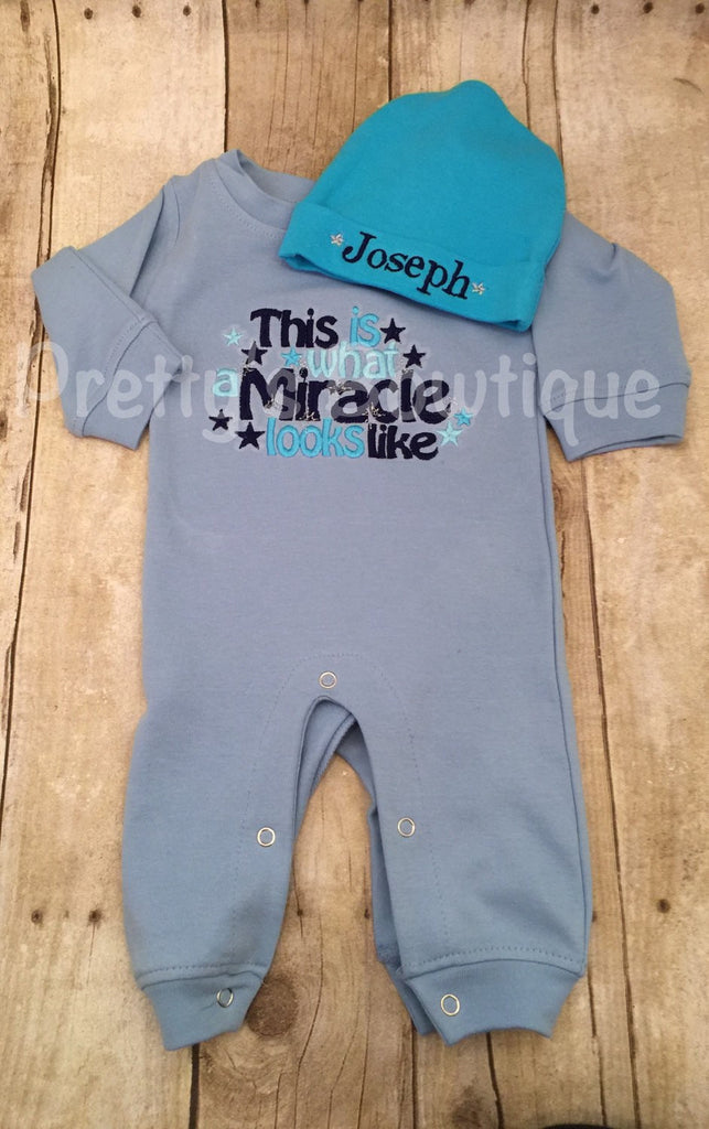 Baby Boy Outfit -- This is what a Miracle looks like Romper & Hat with Embroidered Name - Pretty's Bowtique