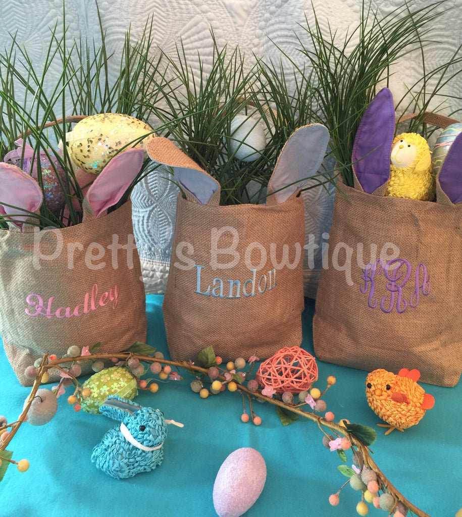 Burlap Bunny Basket-- Personalized Easter Basket -- Bunny Ears  Bucket  -- Children's Easter Bucket -- Easter Pail personalized - Pretty's Bowtique