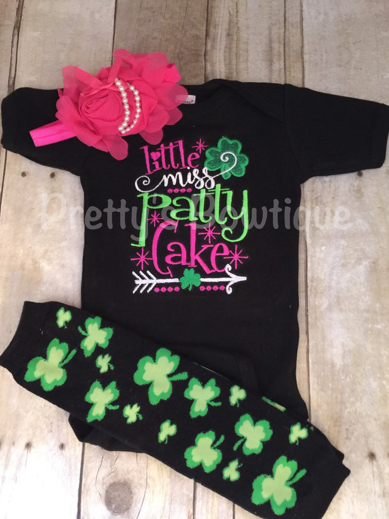 Girls St. Patricks day outfit --  Little miss Patty Cakes --  St. Patricks outfit shirt, headband, and legwamers - Pretty's Bowtique