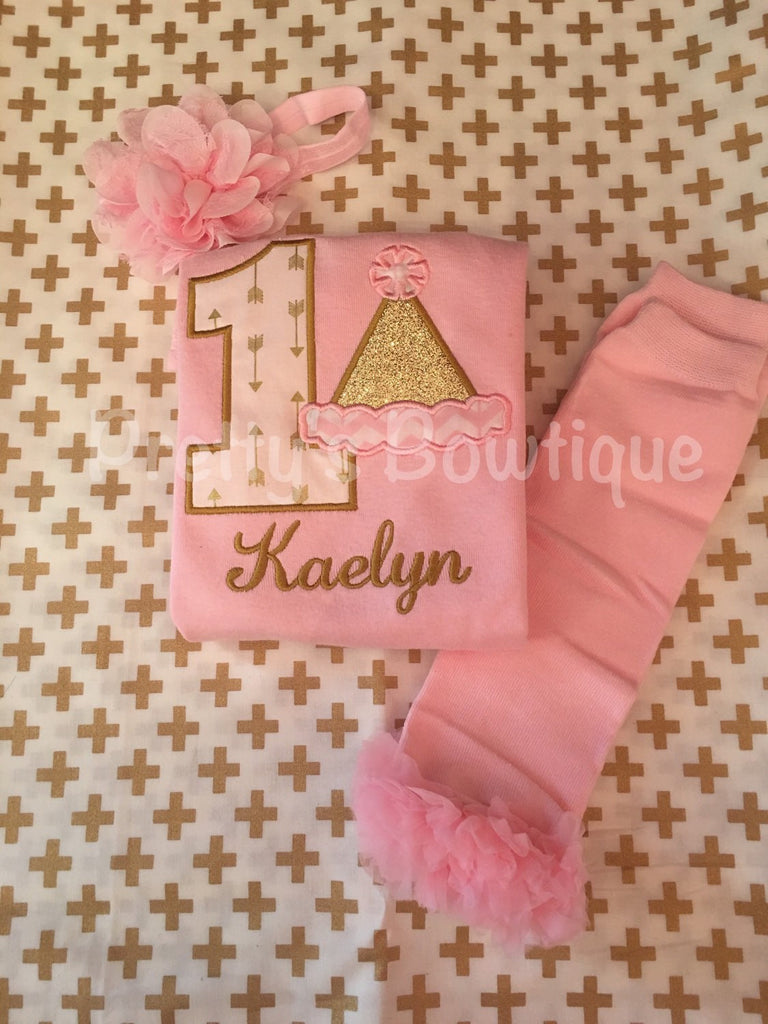 Girls 1st Birthday pink and gold -- Girls Birthday Shirt or bodysuit, legwarmers and headband-- Personalized Birthday Shirt -- Any age - Pretty's Bowtique