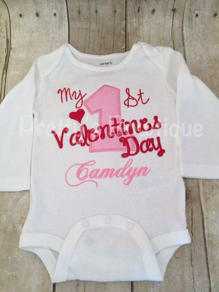 Baby Girls My 1st Valentine's Day Shirt or bodysuit -- First Valentine's Day personalized shirt, legwarmers and headband - Pretty's Bowtique